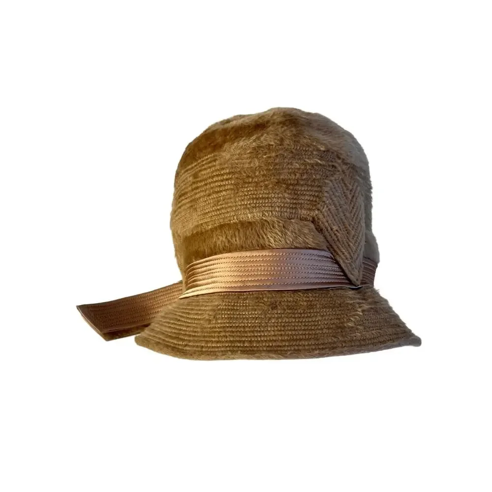 Martell Cloche Hat Bowler Hat Tan Faux Fur Mod Satin Sash Bow European Vintage